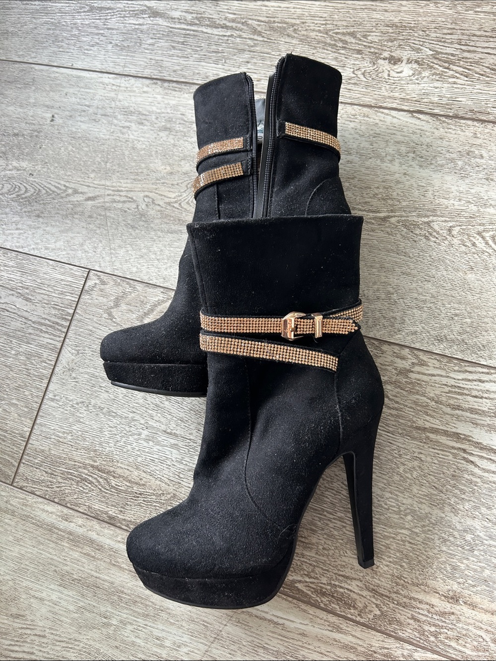 Italina Black Suede Platform Ankle Boots with Gold Accent Straps